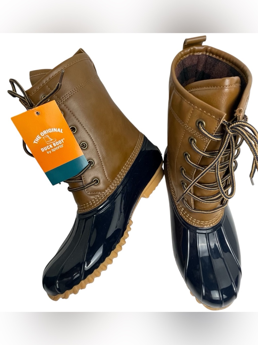 Sporto NWT The Original Duck Ariel Rain Snow Boot Lace Up Plaid Lined Sz 7.5 M
